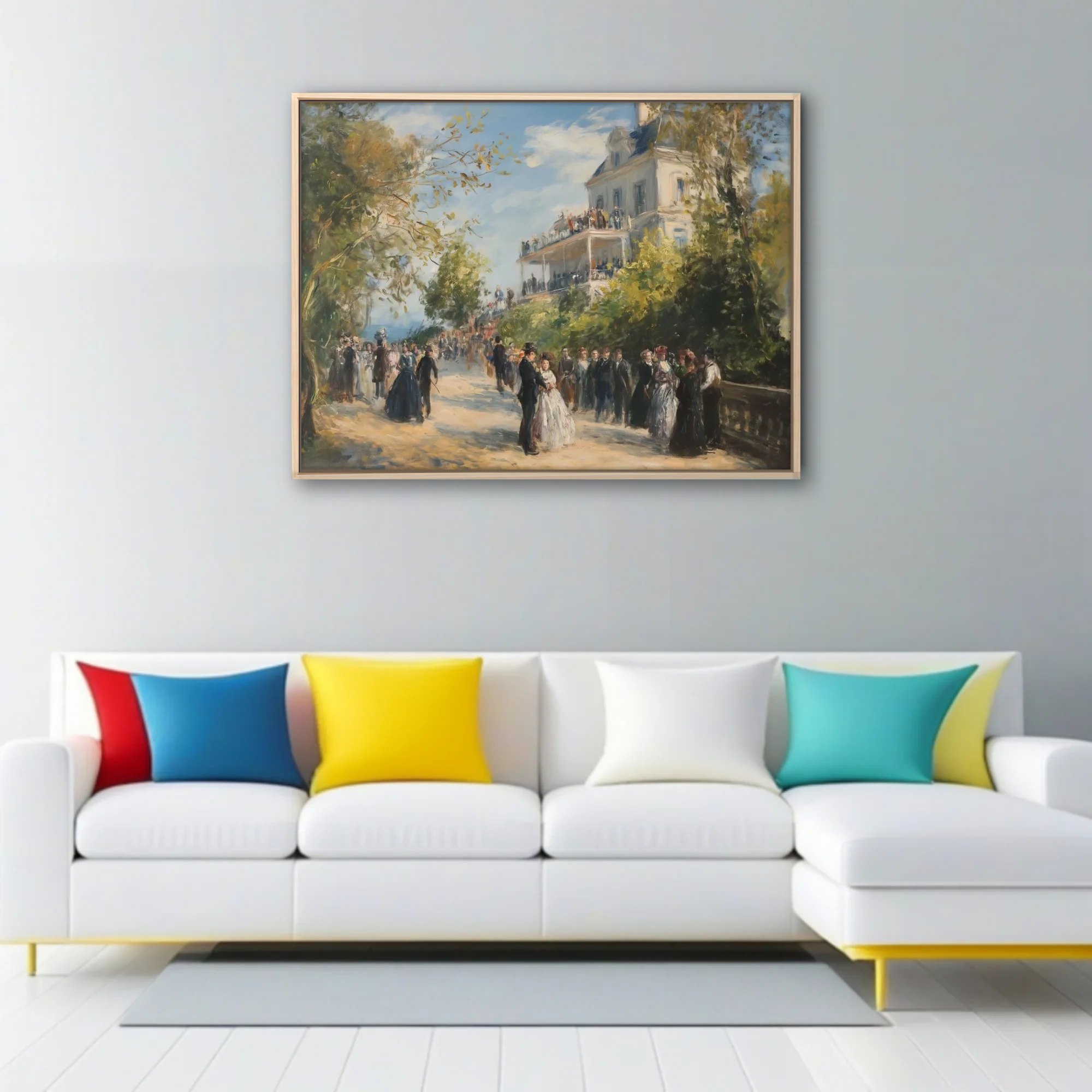 Soft painterly garden party scene with elegant figures and villa terrace in sunlit pastel tones