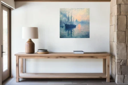 Soft painterly misty harbor sunrise with moored sailing ship in blue and peach tones