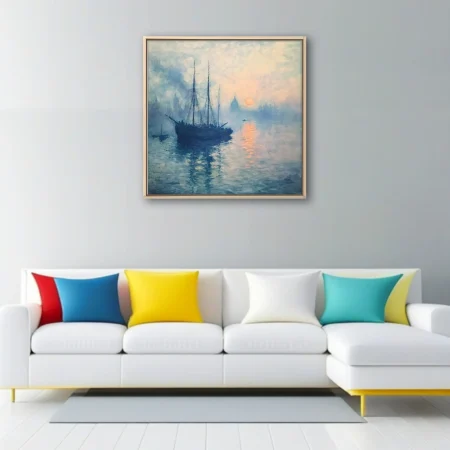 Soft painterly misty harbor sunrise with moored sailing ship in blue and peach tones