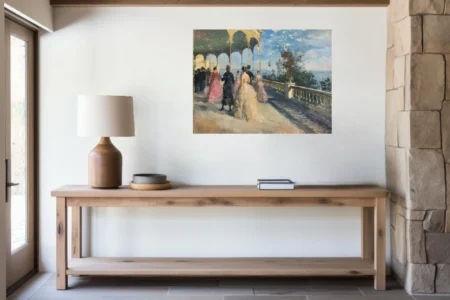 Soft painterly seaside promenade with belle-epoque figures, sunlit colonnade, pastel painterly strokes