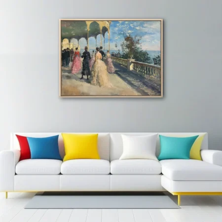 Soft painterly seaside promenade with belle-epoque figures, sunlit colonnade, pastel painterly strokes