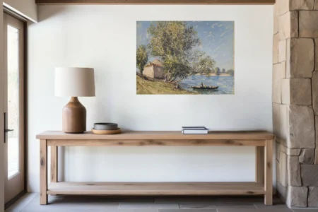 Soft painterly riverbank with cottage, trees and small boat in dappled blue and green plein-air strokes