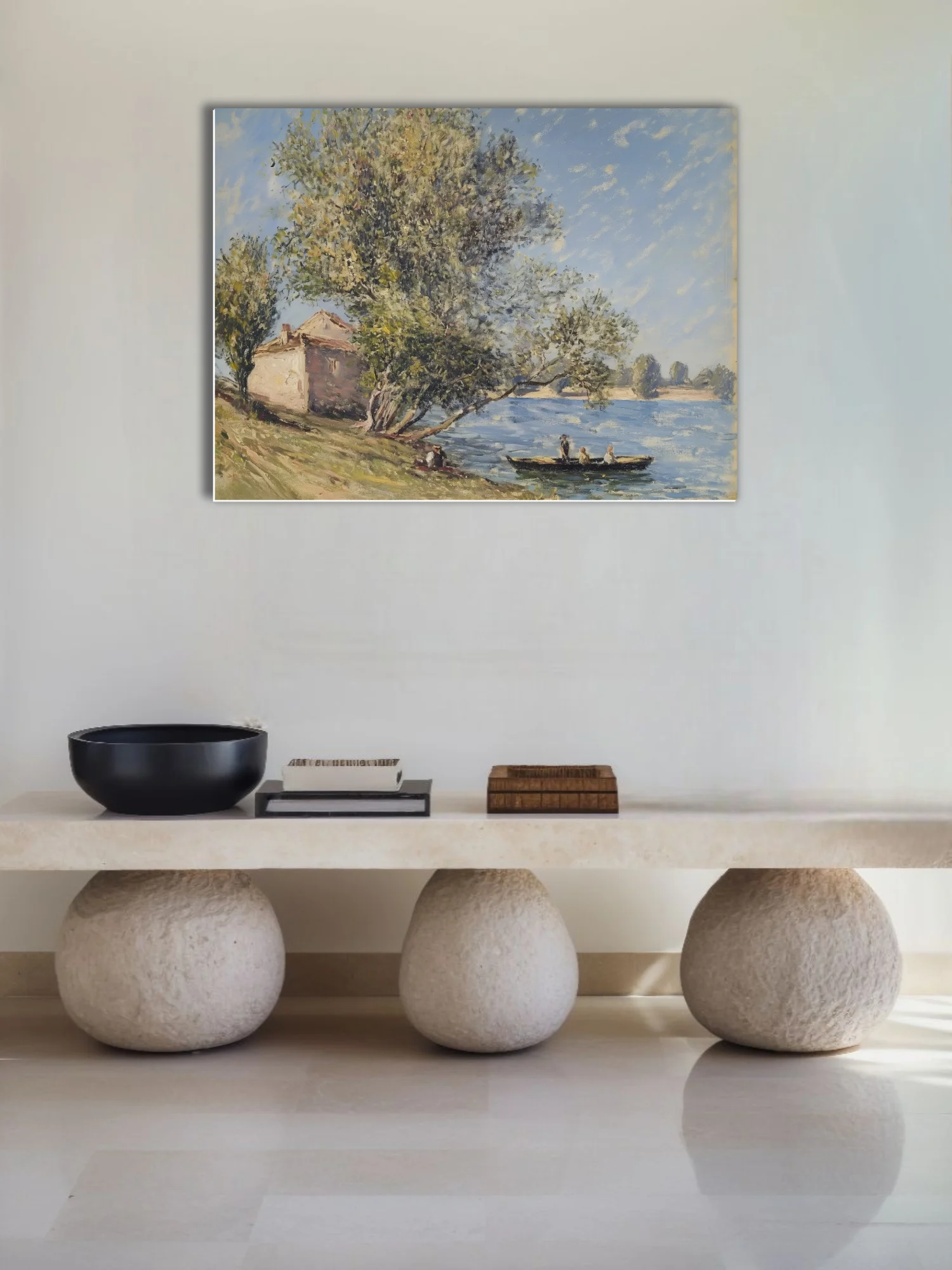 Soft painterly riverbank with cottage, trees and small boat in dappled blue and green plein-air strokes