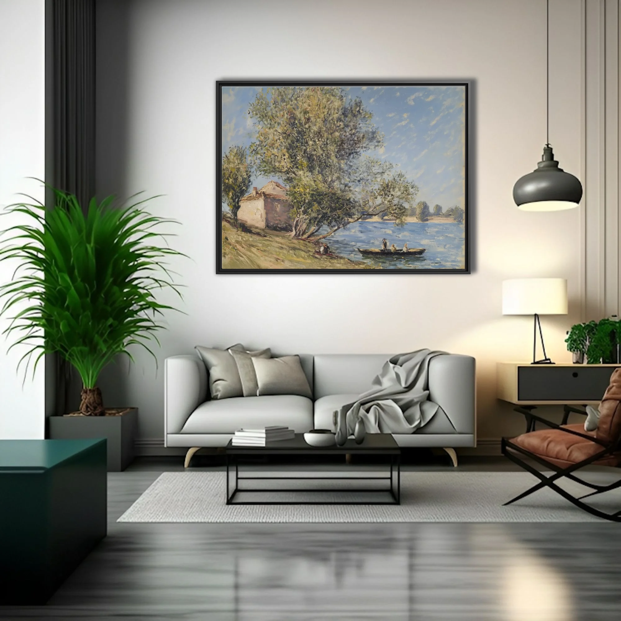 Soft painterly riverbank with cottage, trees and small boat in dappled blue and green plein-air strokes