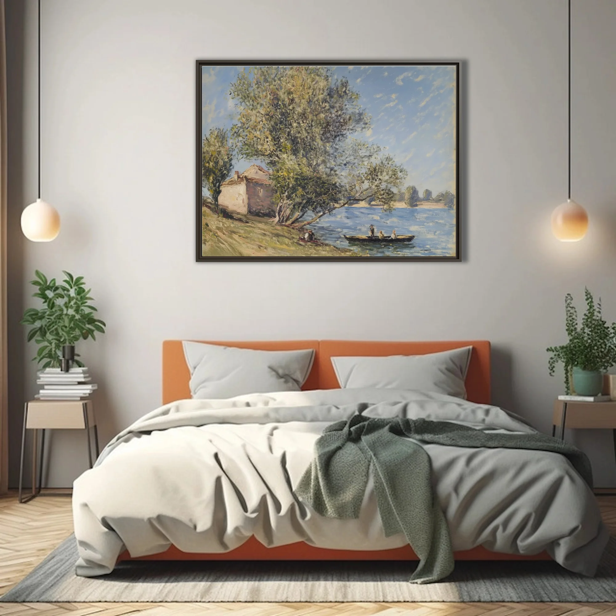 Soft painterly riverbank with cottage, trees and small boat in dappled blue and green plein-air strokes