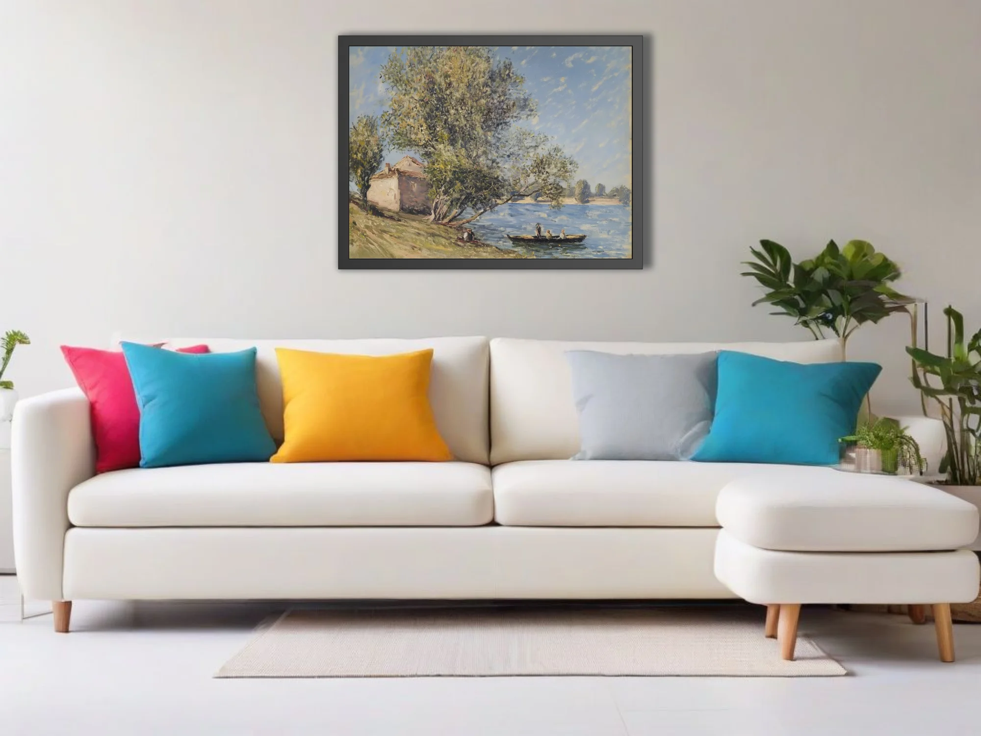 Soft painterly riverbank with cottage, trees and small boat in dappled blue and green plein-air strokes