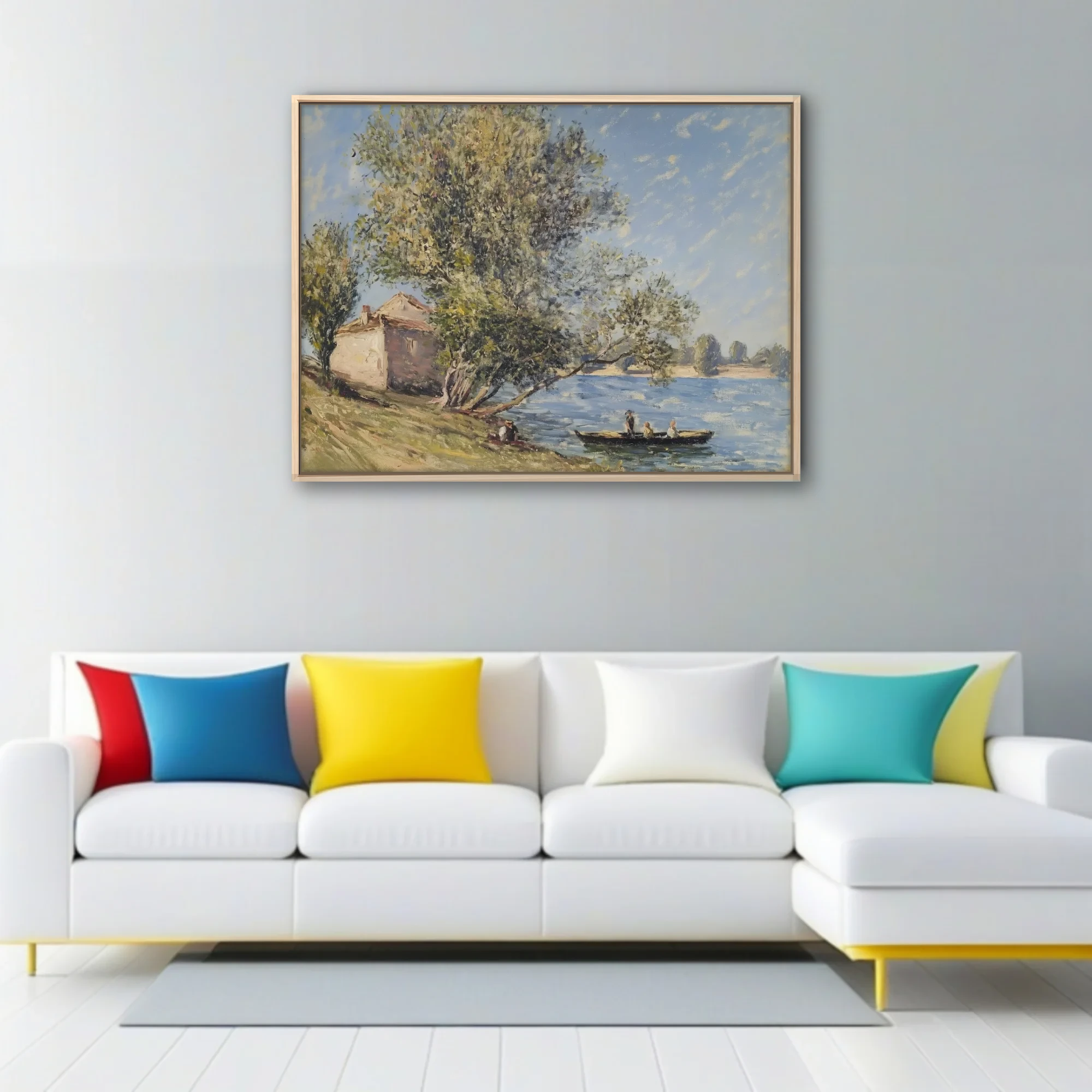 Soft painterly riverbank with cottage, trees and small boat in dappled blue and green plein-air strokes