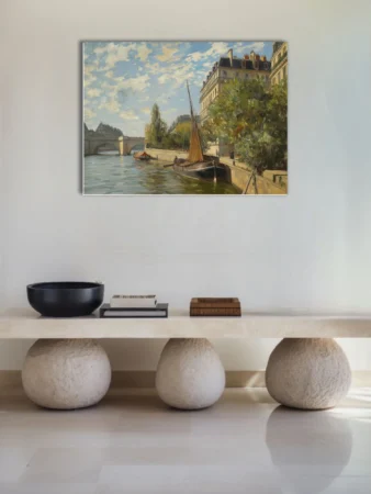 Soft painterly Parisian river scene with moored sailboats, stone bridge, quay buildings, soft blue-ochre palette