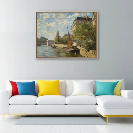 Soft painterly Parisian river scene with moored sailboats, stone bridge, quay buildings, soft blue-ochre palette