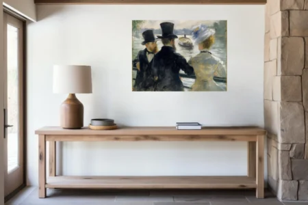 Soft painterly riverside scene with top-hatted gentlemen and a woman, silvery palette, period elegance