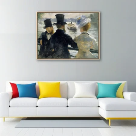 Soft painterly riverside scene with top-hatted gentlemen and a woman, silvery palette, period elegance