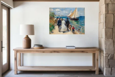 Soft painterly seaside promenade with sailboats, period figures, and turquoise harbor in broken strokes