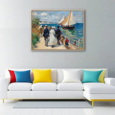 Soft painterly seaside promenade with sailboats, period figures, and turquoise harbor in broken strokes
