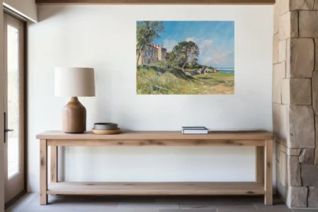 Soft painterly Mediterranean seaside town landscape with pines, villas, and sunlit coast in summer blues and ochres