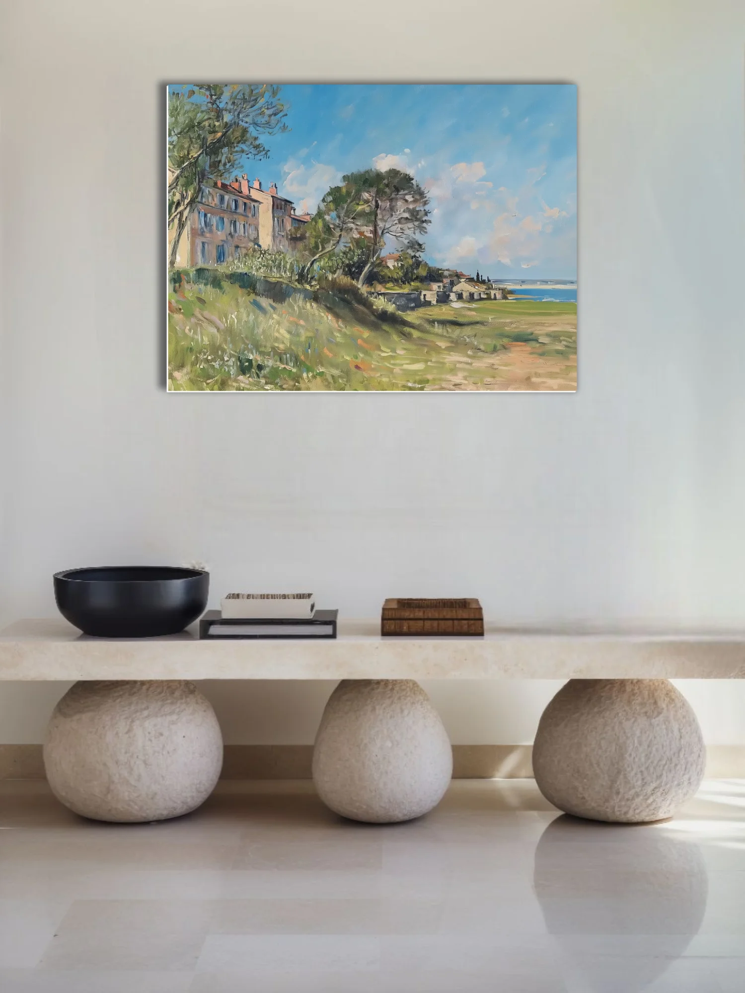 Soft painterly Mediterranean seaside town landscape with pines, villas, and sunlit coast in summer blues and ochres