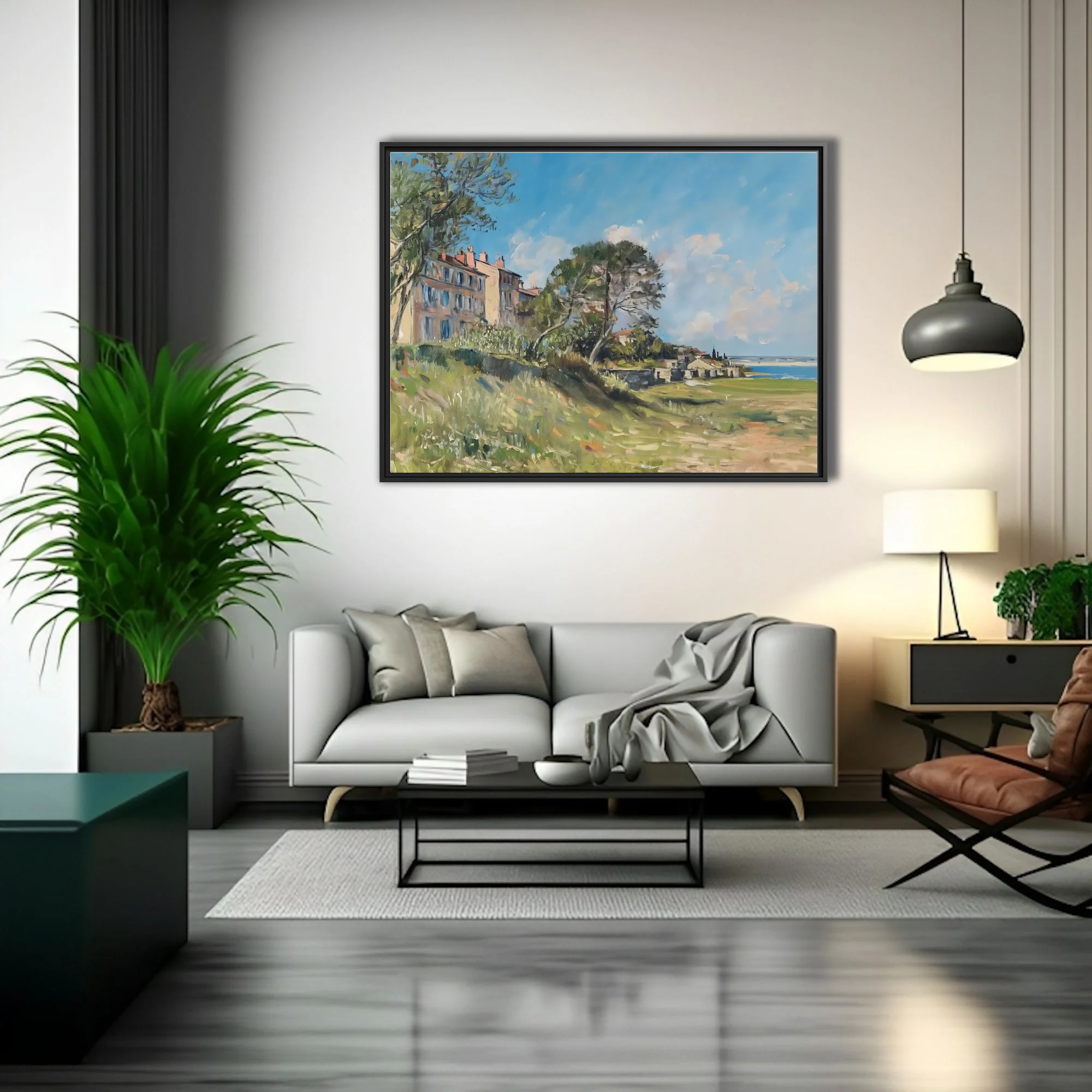Soft painterly Mediterranean seaside town landscape with pines, villas, and sunlit coast in summer blues and ochres