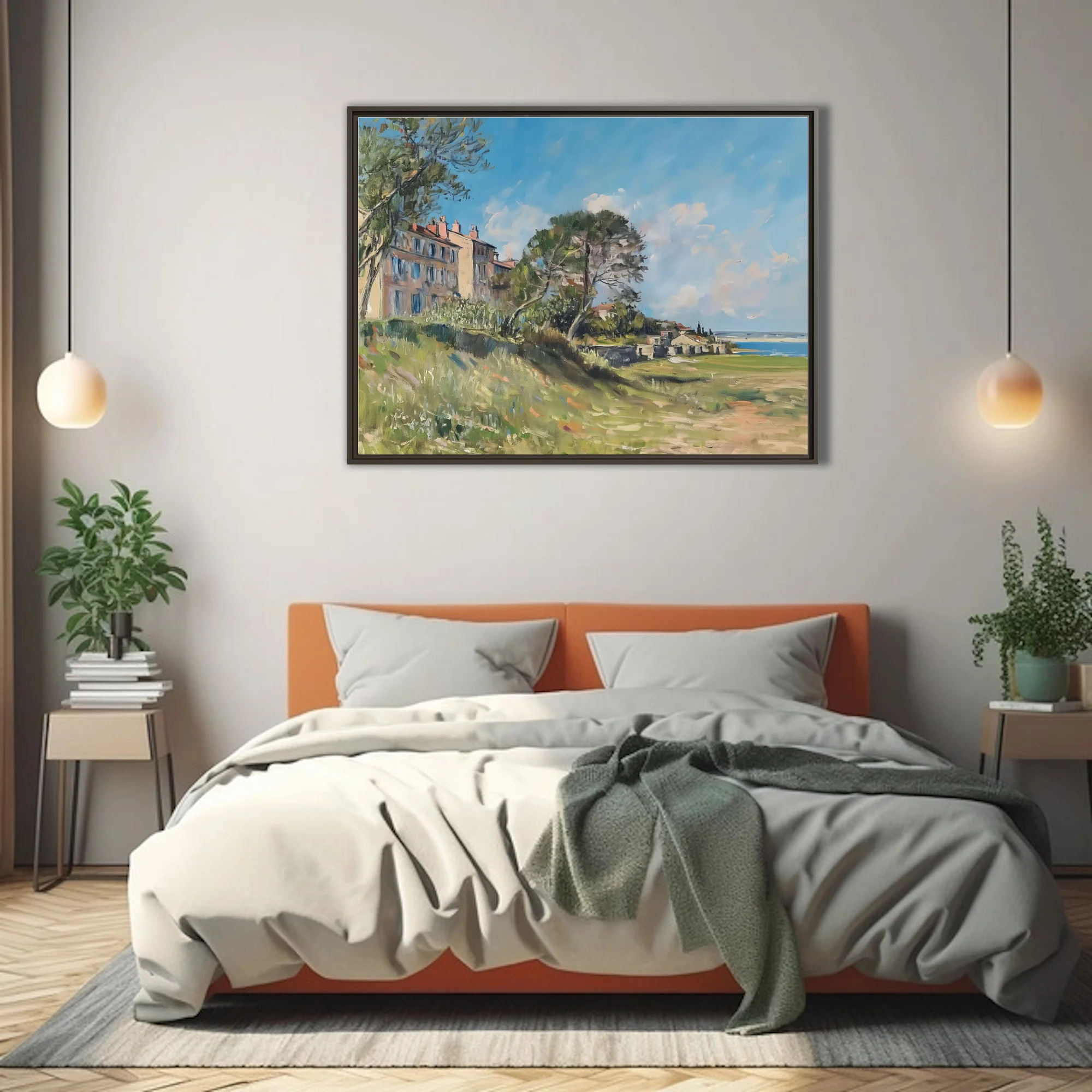 Soft painterly Mediterranean seaside town landscape with pines, villas, and sunlit coast in summer blues and ochres