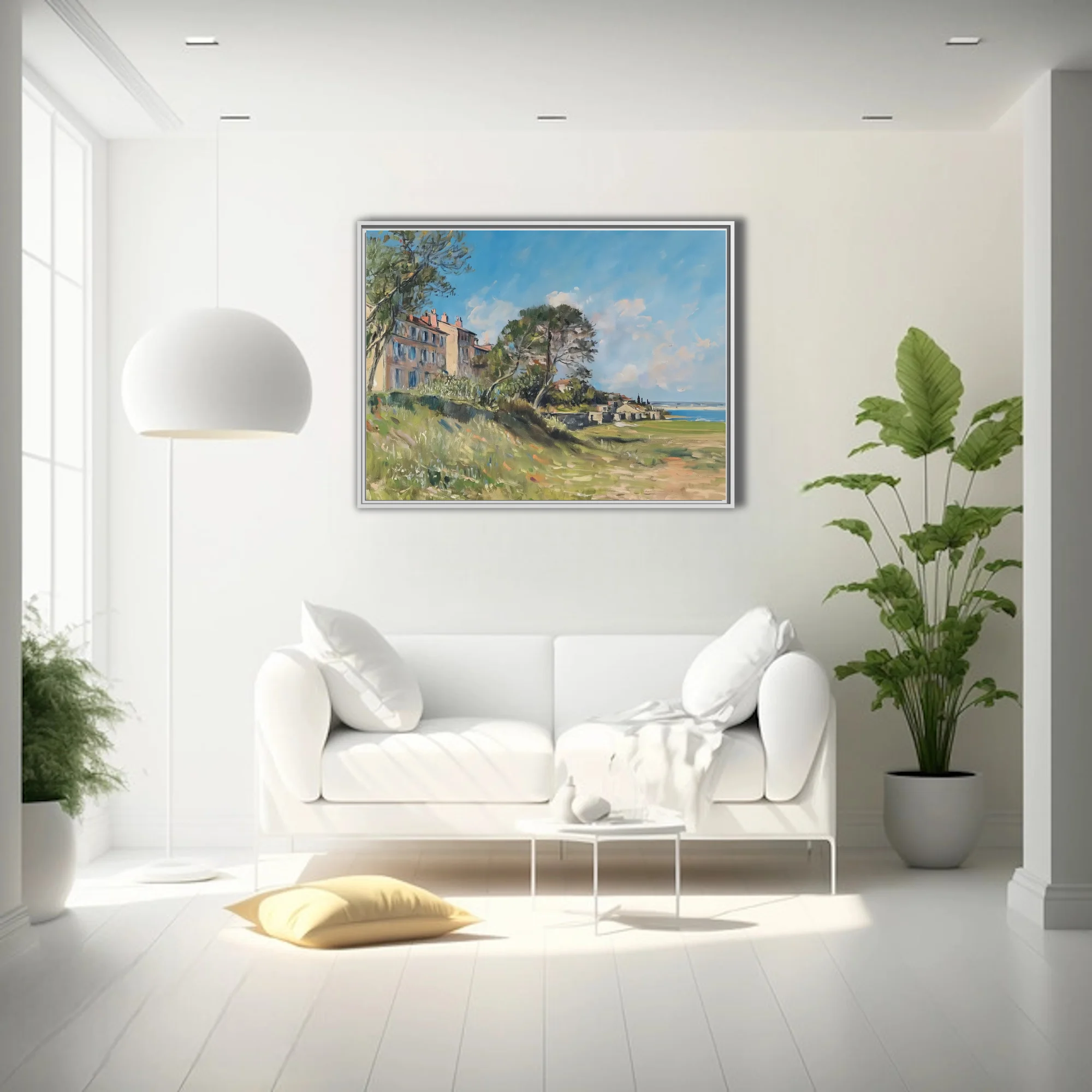 Soft painterly Mediterranean seaside town landscape with pines, villas, and sunlit coast in summer blues and ochres