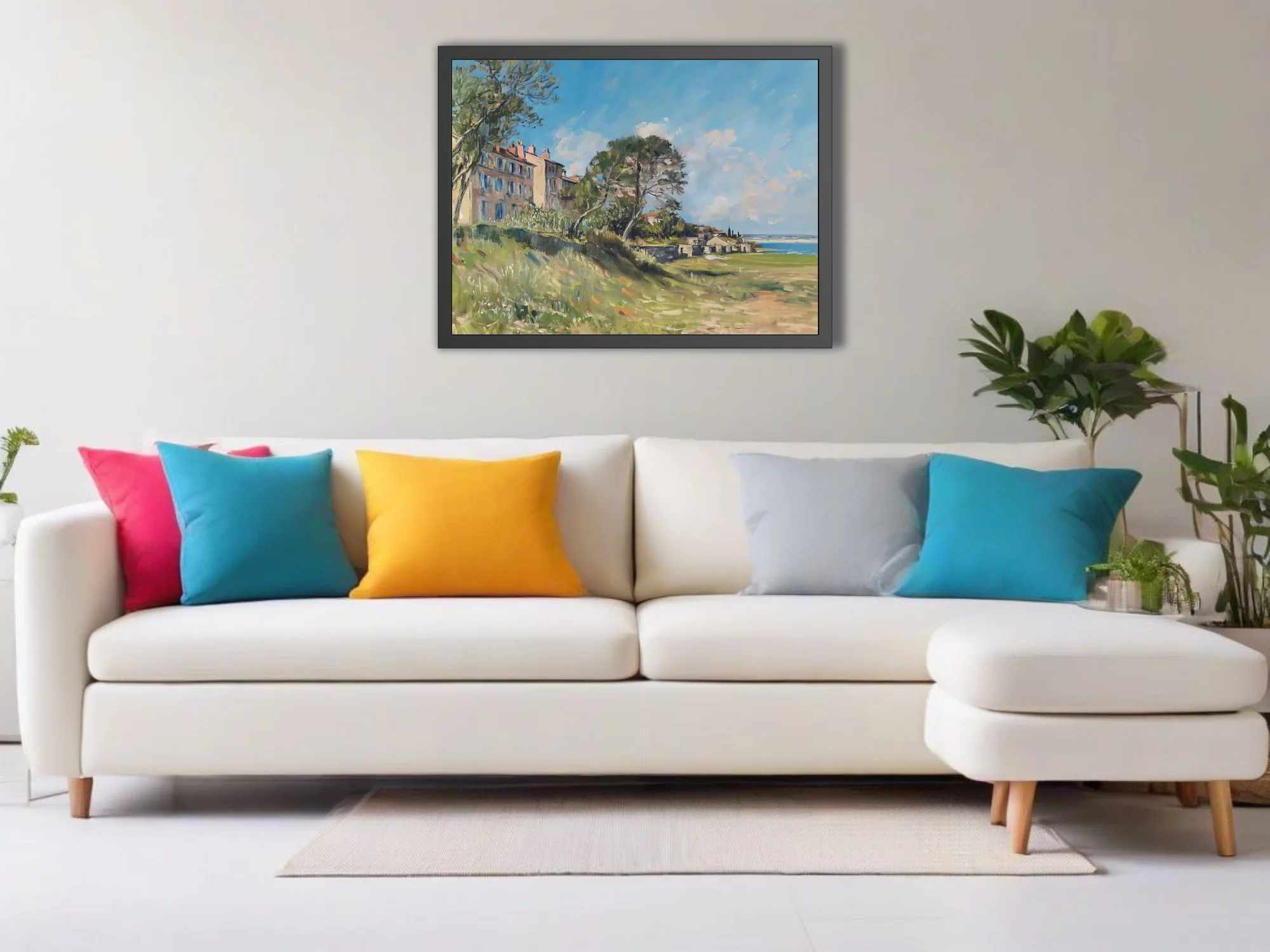 Soft painterly Mediterranean seaside town landscape with pines, villas, and sunlit coast in summer blues and ochres