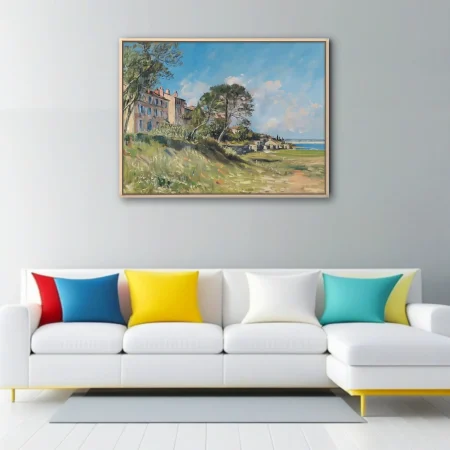 Soft painterly Mediterranean seaside town landscape with pines, villas, and sunlit coast in summer blues and ochres