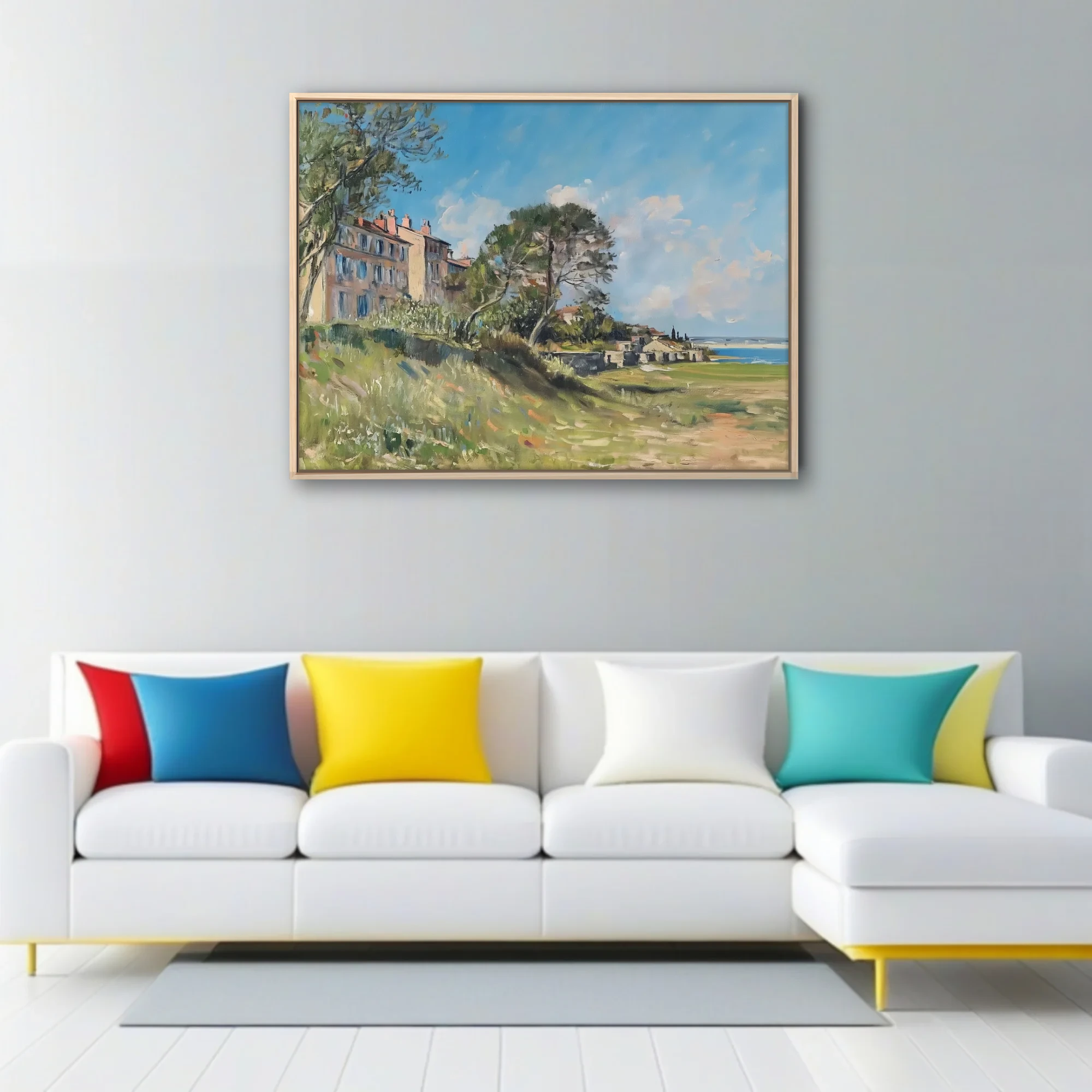 Soft painterly Mediterranean seaside town landscape with pines, villas, and sunlit coast in summer blues and ochres