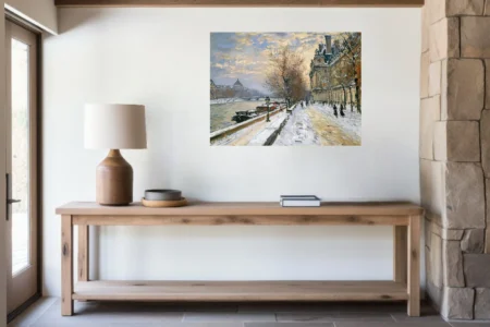 Soft painterly snowy riverside cityscape with bare trees, barges, and amber winter sky in pale ivories and dusky violets.
