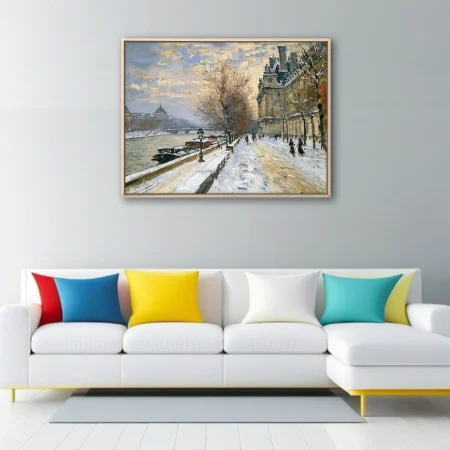 Soft painterly snowy riverside cityscape with bare trees, barges, and amber winter sky in pale ivories and dusky violets.