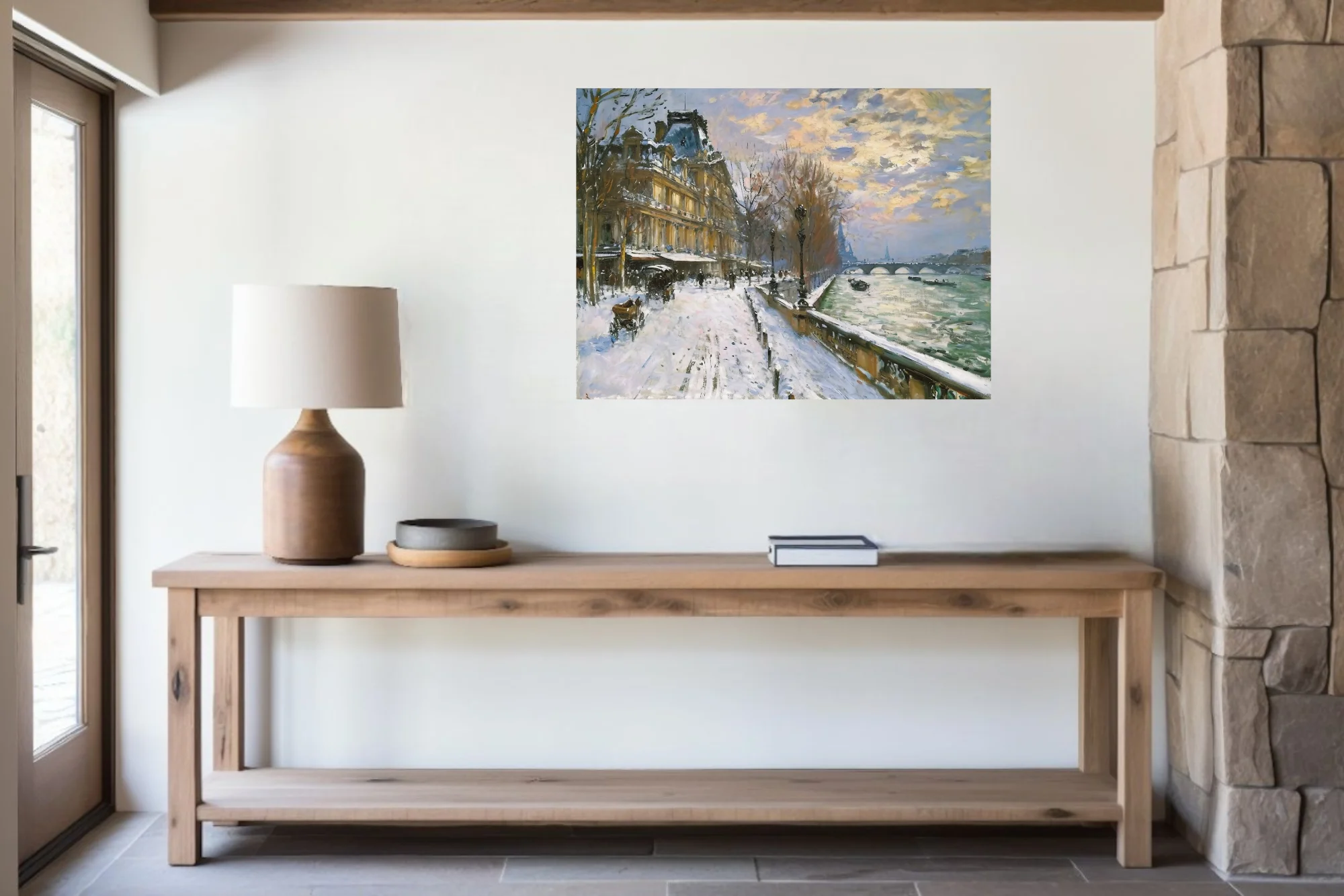 Soft painterly Paris snow scene with riverside quay, stone bridge, and golden sunset clouds in muted winter palette