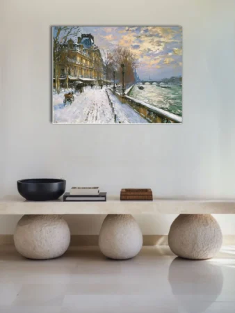 Soft painterly Paris snow scene with riverside quay, stone bridge, and golden sunset clouds in muted winter palette