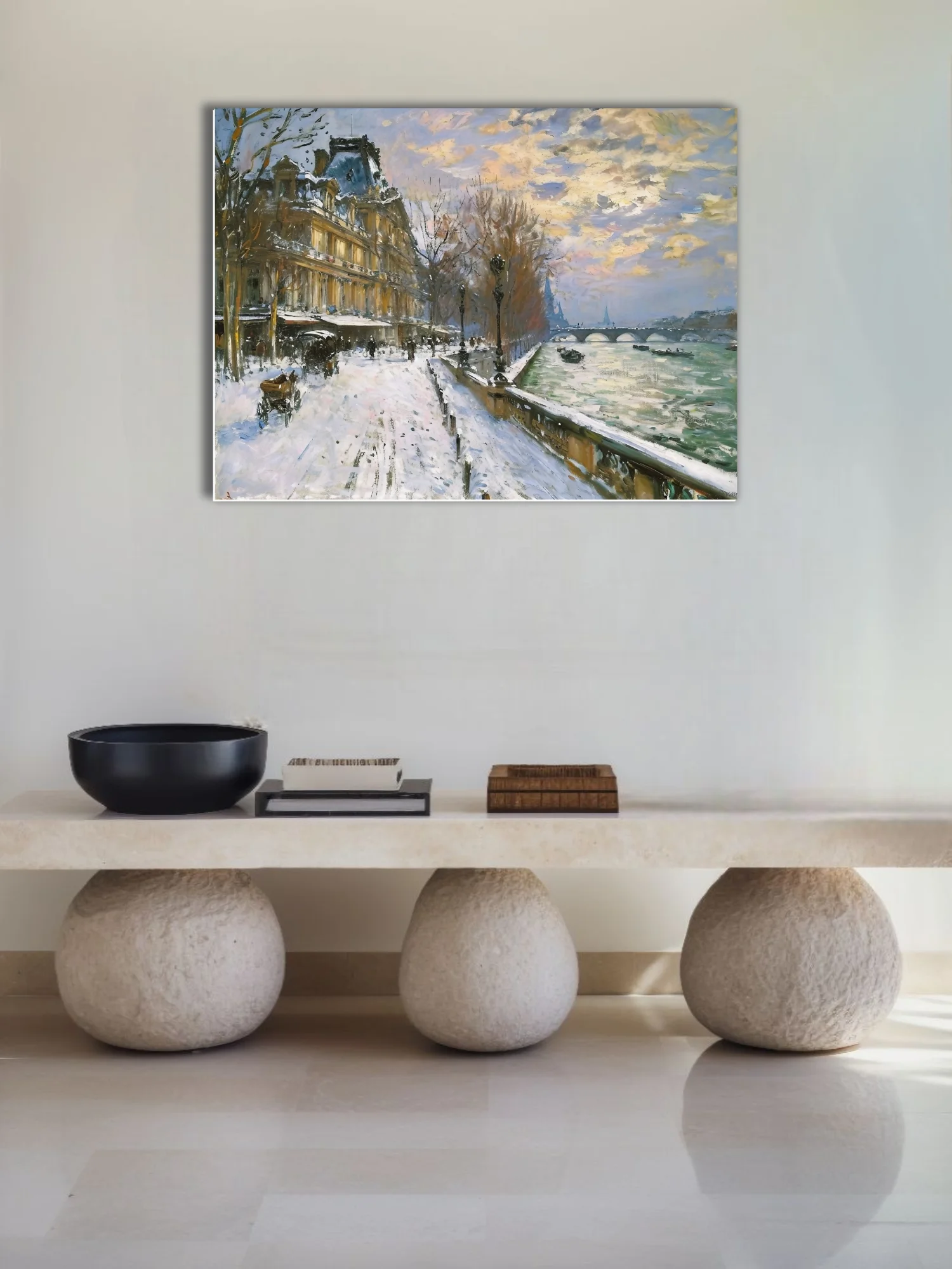 Soft painterly Paris snow scene with riverside quay, stone bridge, and golden sunset clouds in muted winter palette