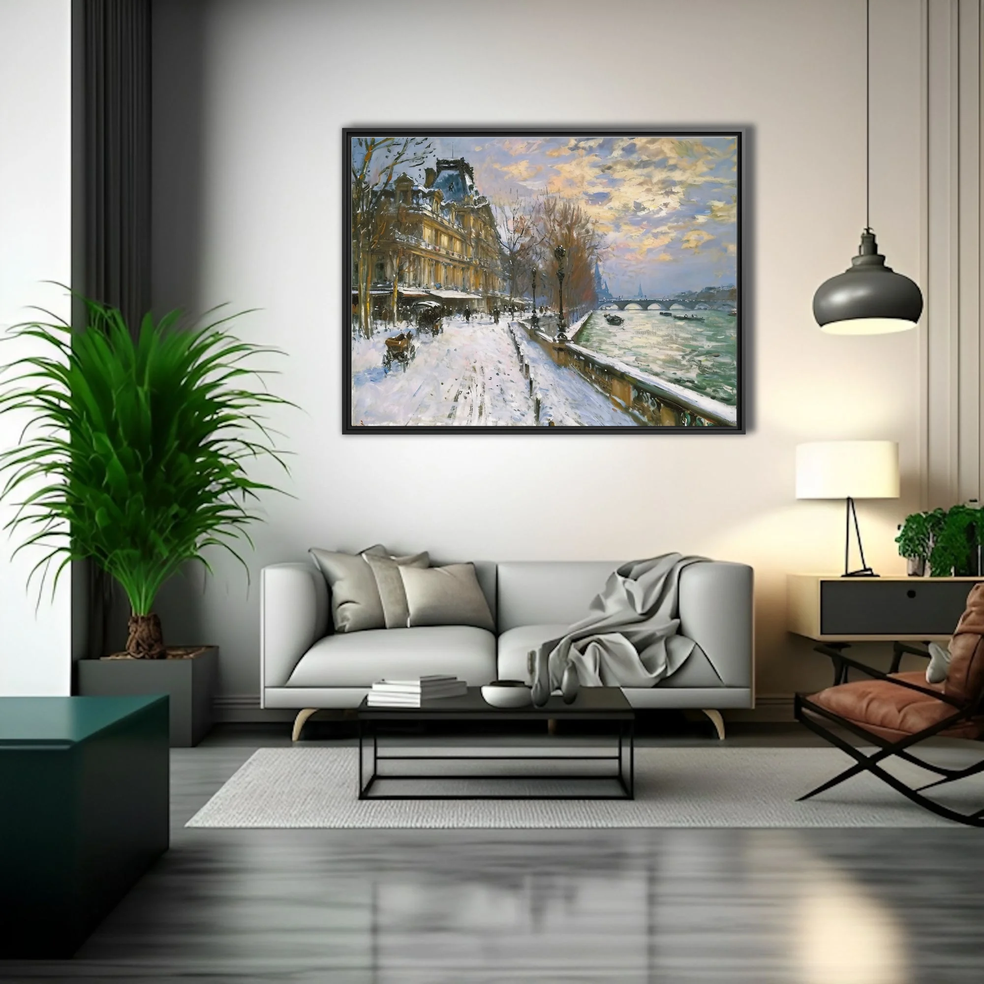 Soft painterly Paris snow scene with riverside quay, stone bridge, and golden sunset clouds in muted winter palette