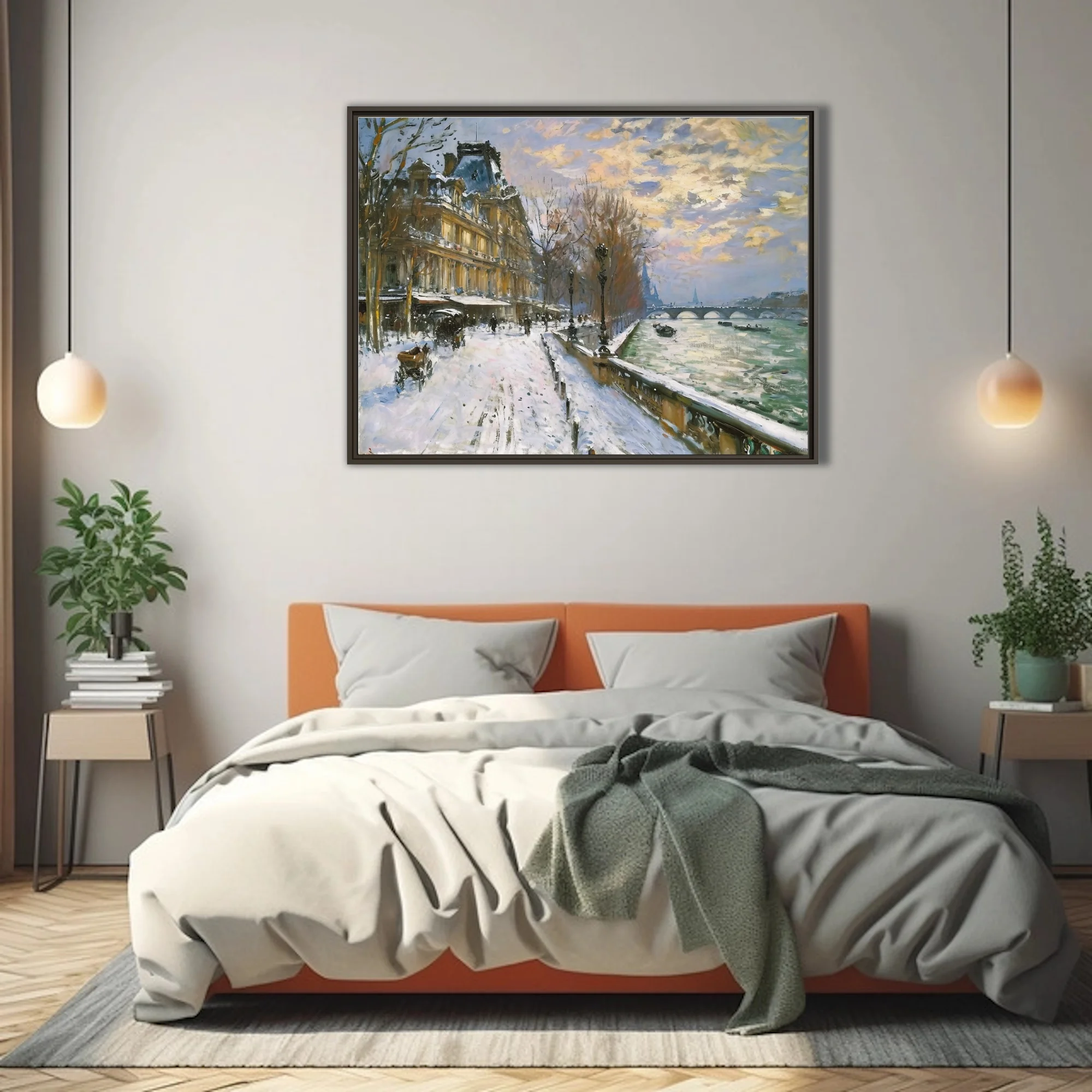 Soft painterly Paris snow scene with riverside quay, stone bridge, and golden sunset clouds in muted winter palette