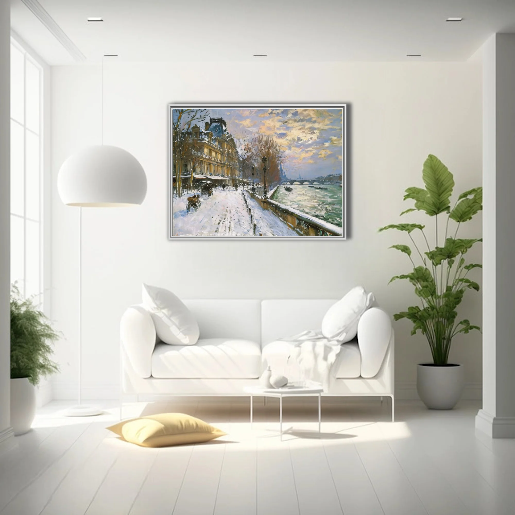 Soft painterly Paris snow scene with riverside quay, stone bridge, and golden sunset clouds in muted winter palette