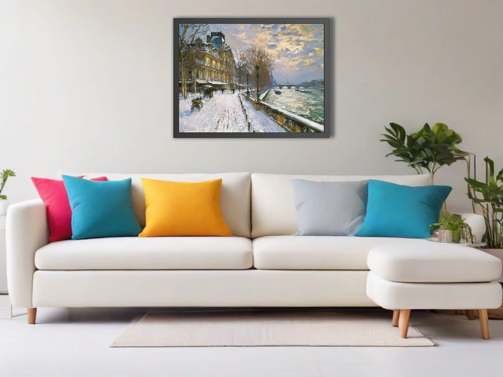 Soft painterly Paris snow scene with riverside quay, stone bridge, and golden sunset clouds in muted winter palette