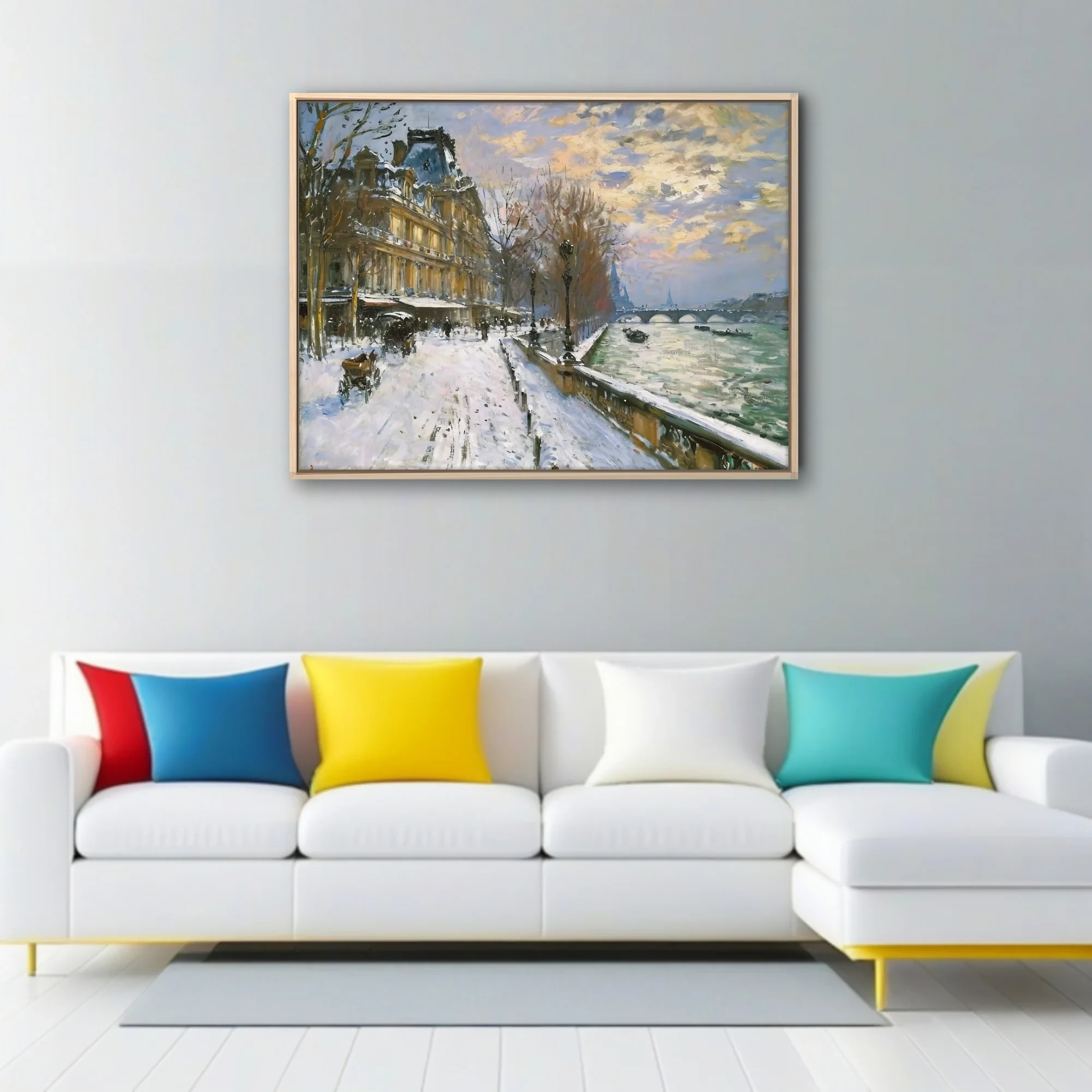 Soft painterly Paris snow scene with riverside quay, stone bridge, and golden sunset clouds in muted winter palette