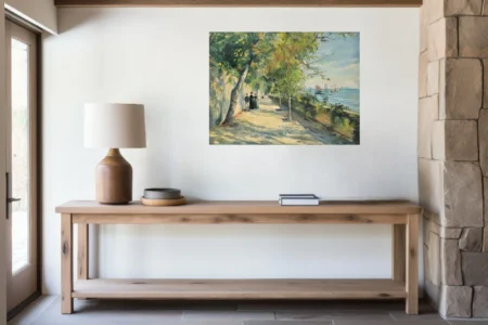 Soft painterly seaside promenade with strolling figures, moored ships, dappled greens and soft blue harbor light