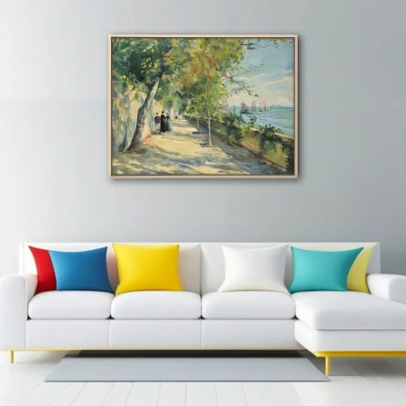 Soft painterly seaside promenade with strolling figures, moored ships, dappled greens and soft blue harbor light