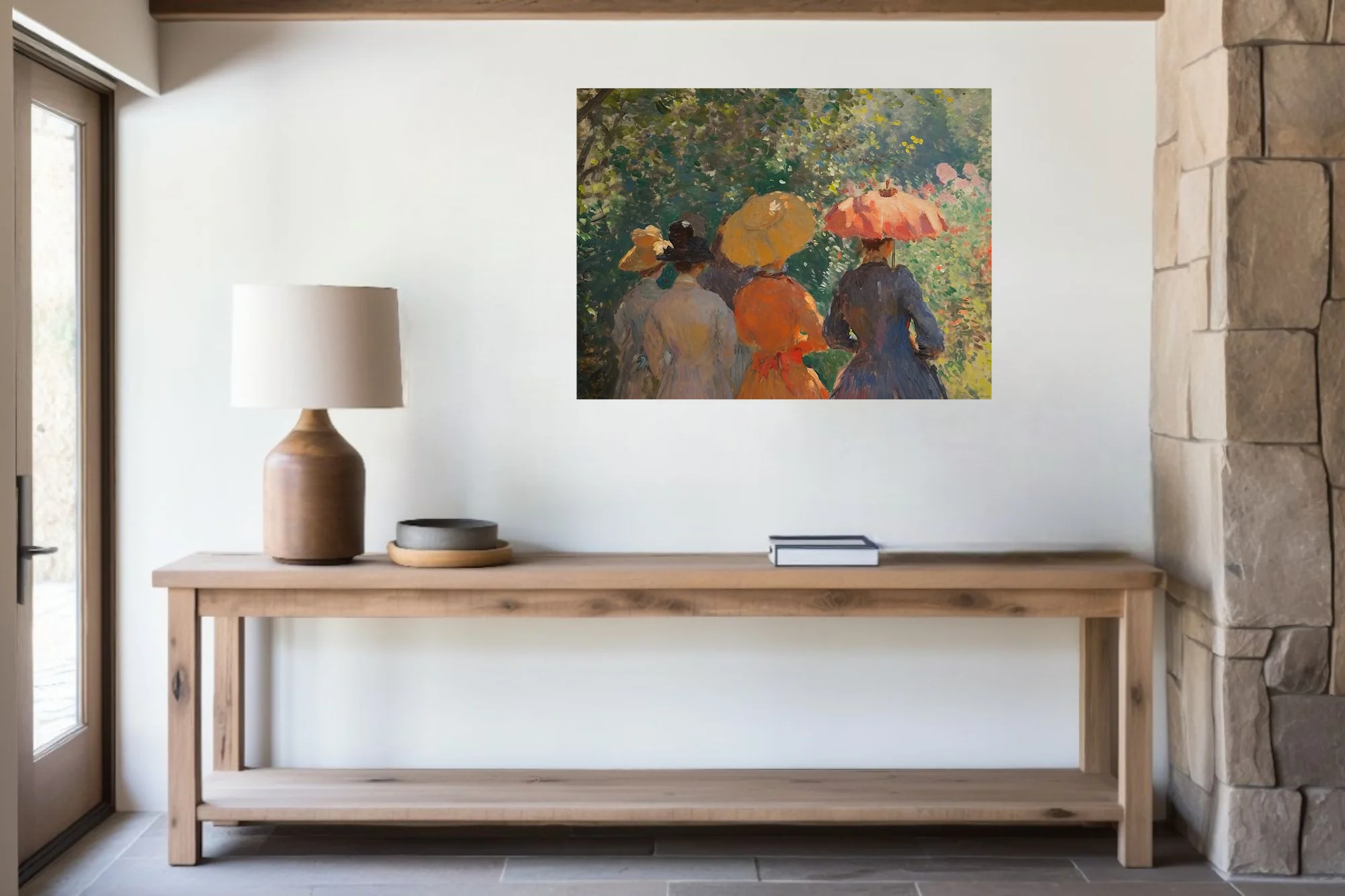 Soft painterly garden stroll with parasol and summer hats in dappled greens, ochre and coral