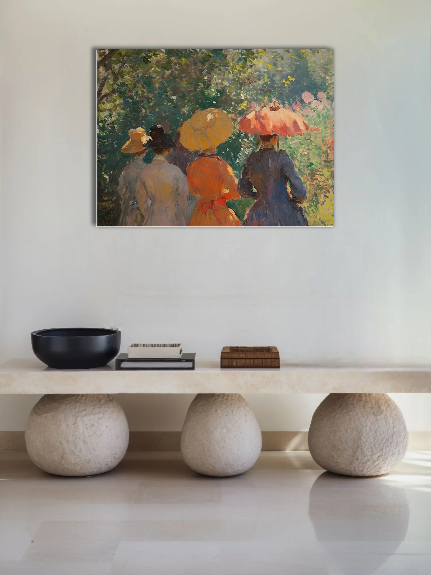 Soft painterly garden stroll with parasol and summer hats in dappled greens, ochre and coral