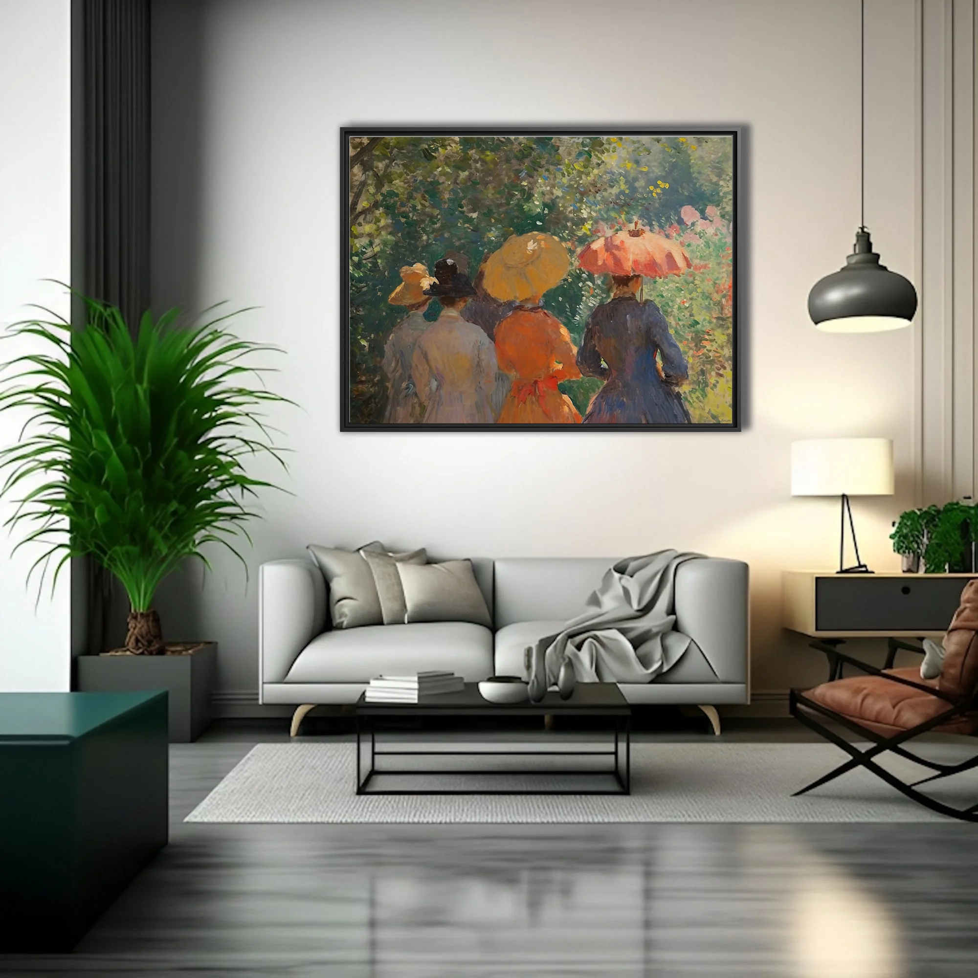 Soft painterly garden stroll with parasol and summer hats in dappled greens, ochre and coral