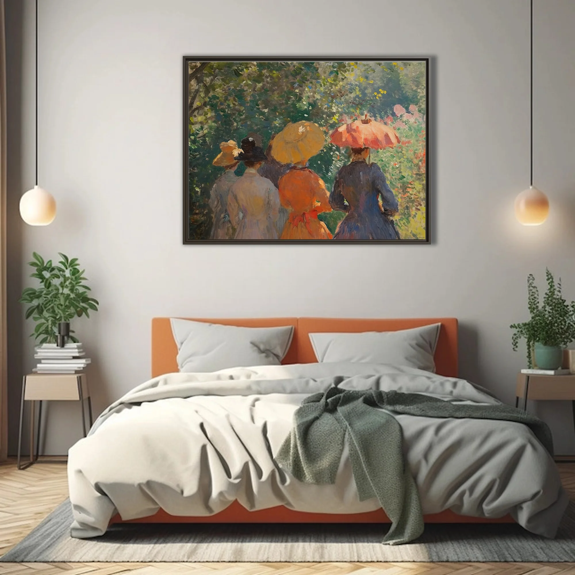 Soft painterly garden stroll with parasol and summer hats in dappled greens, ochre and coral