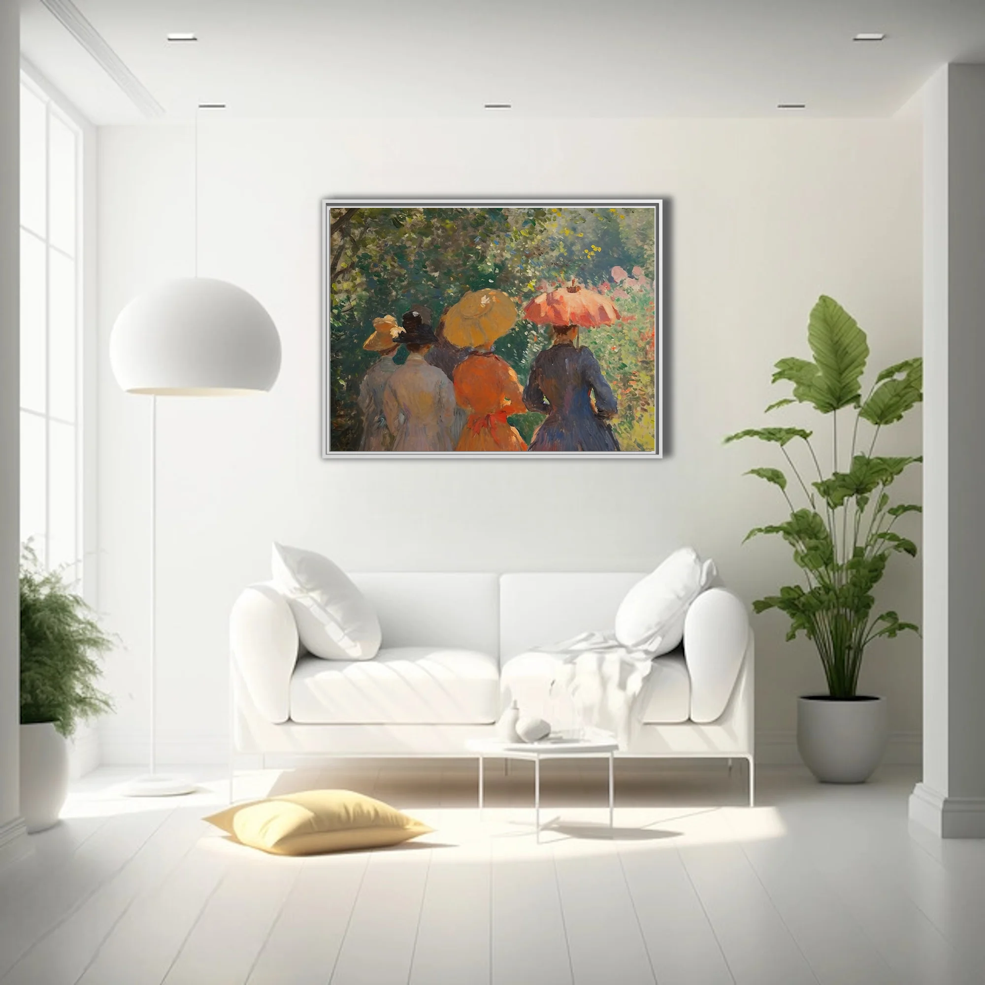 Soft painterly garden stroll with parasol and summer hats in dappled greens, ochre and coral
