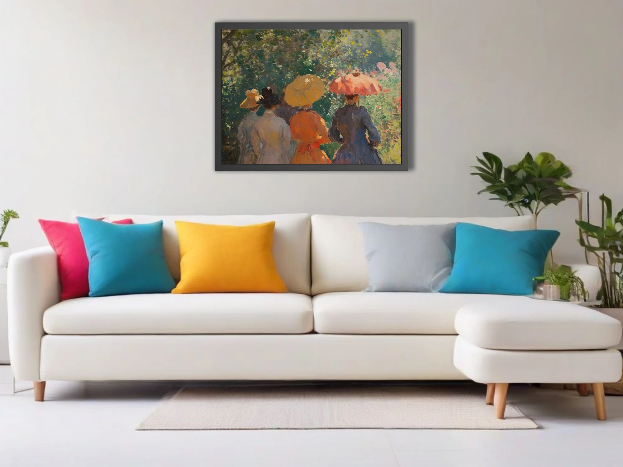 Soft painterly garden stroll with parasol and summer hats in dappled greens, ochre and coral
