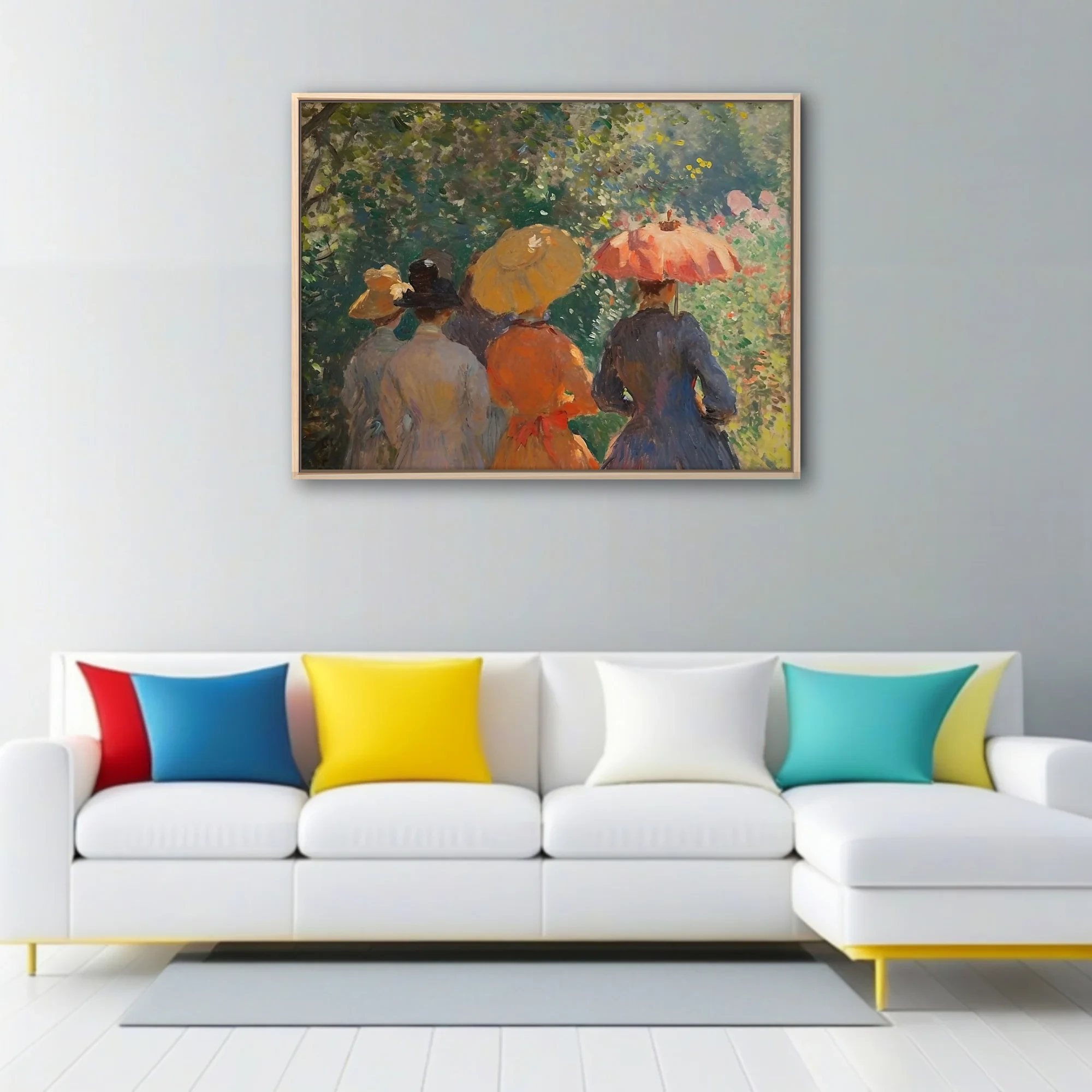 Soft painterly garden stroll with parasol and summer hats in dappled greens, ochre and coral
