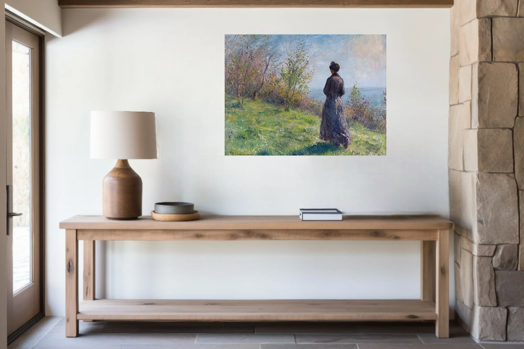Soft painterly meadow scene with a woman in period dress, soft pastels and fresh greens, plein-air light