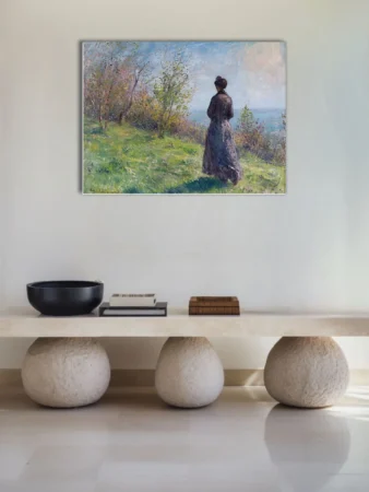Soft painterly meadow scene with a woman in period dress, soft pastels and fresh greens, plein-air light