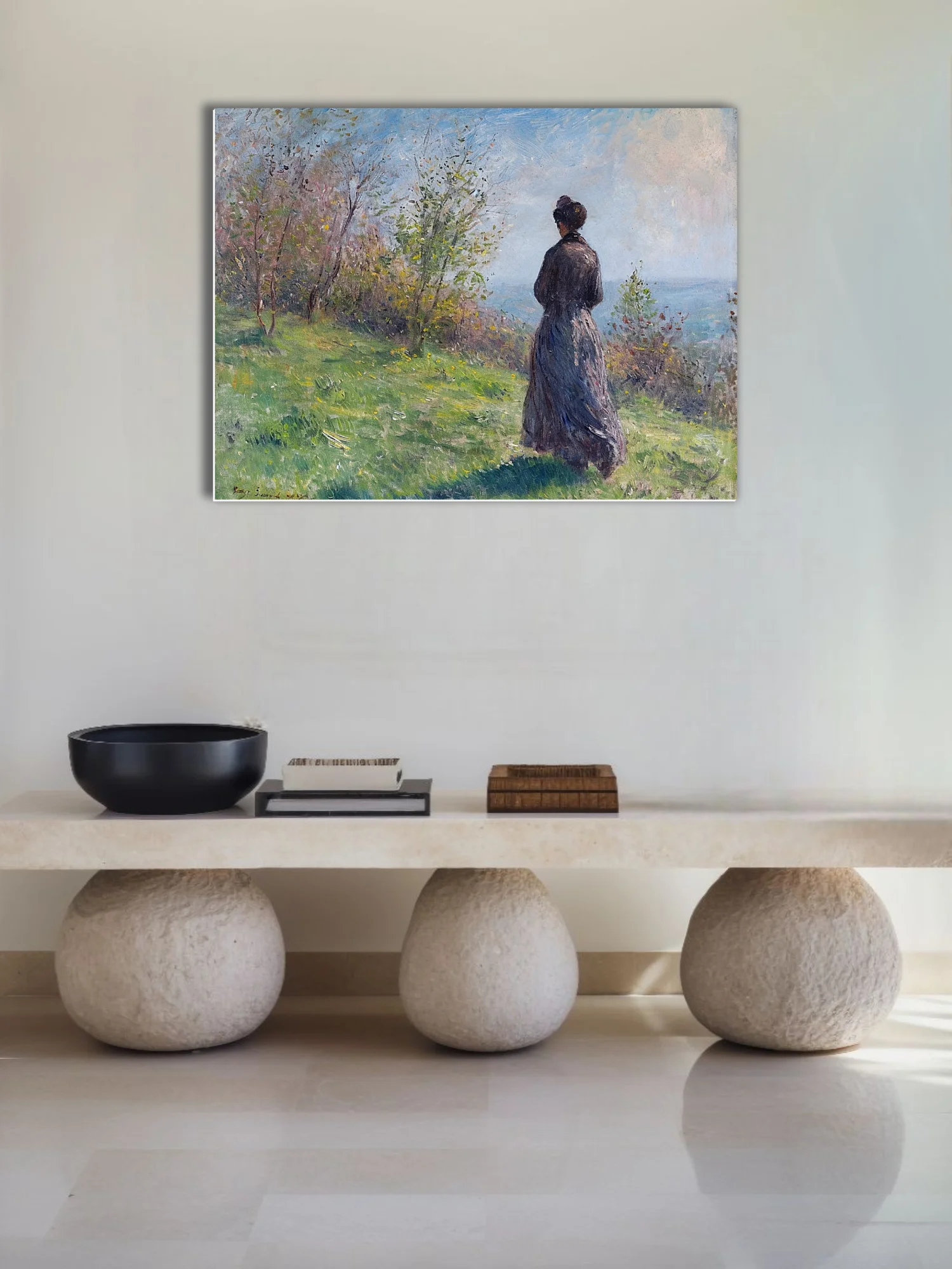 Soft painterly meadow scene with a woman in period dress, soft pastels and fresh greens, plein-air light