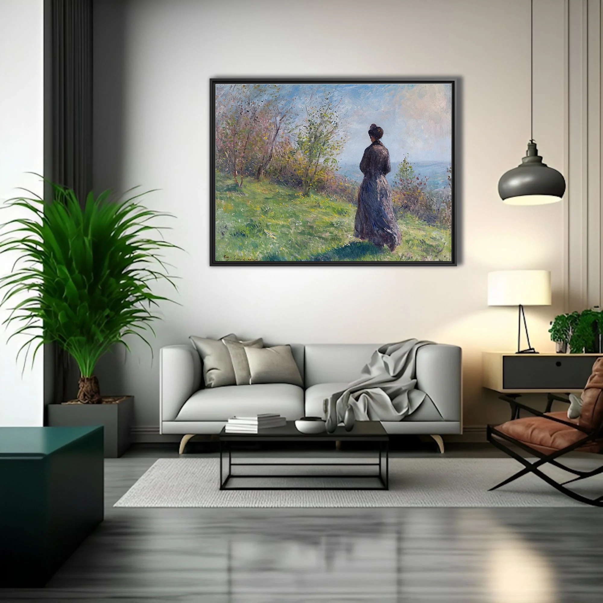 Soft painterly meadow scene with a woman in period dress, soft pastels and fresh greens, plein-air light