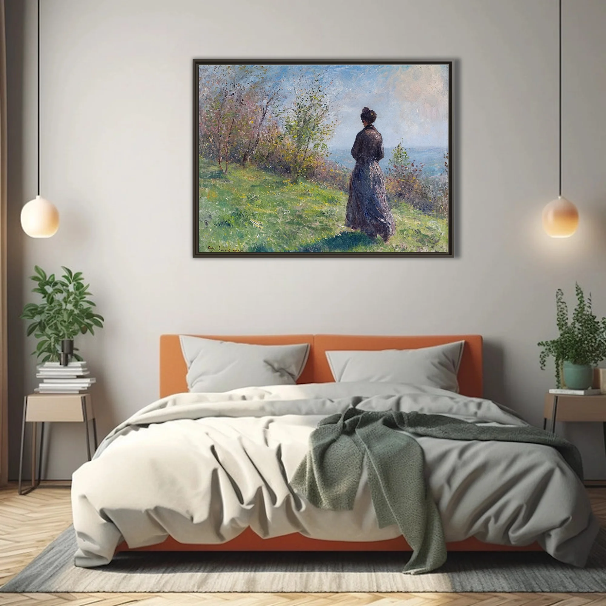 Soft painterly meadow scene with a woman in period dress, soft pastels and fresh greens, plein-air light