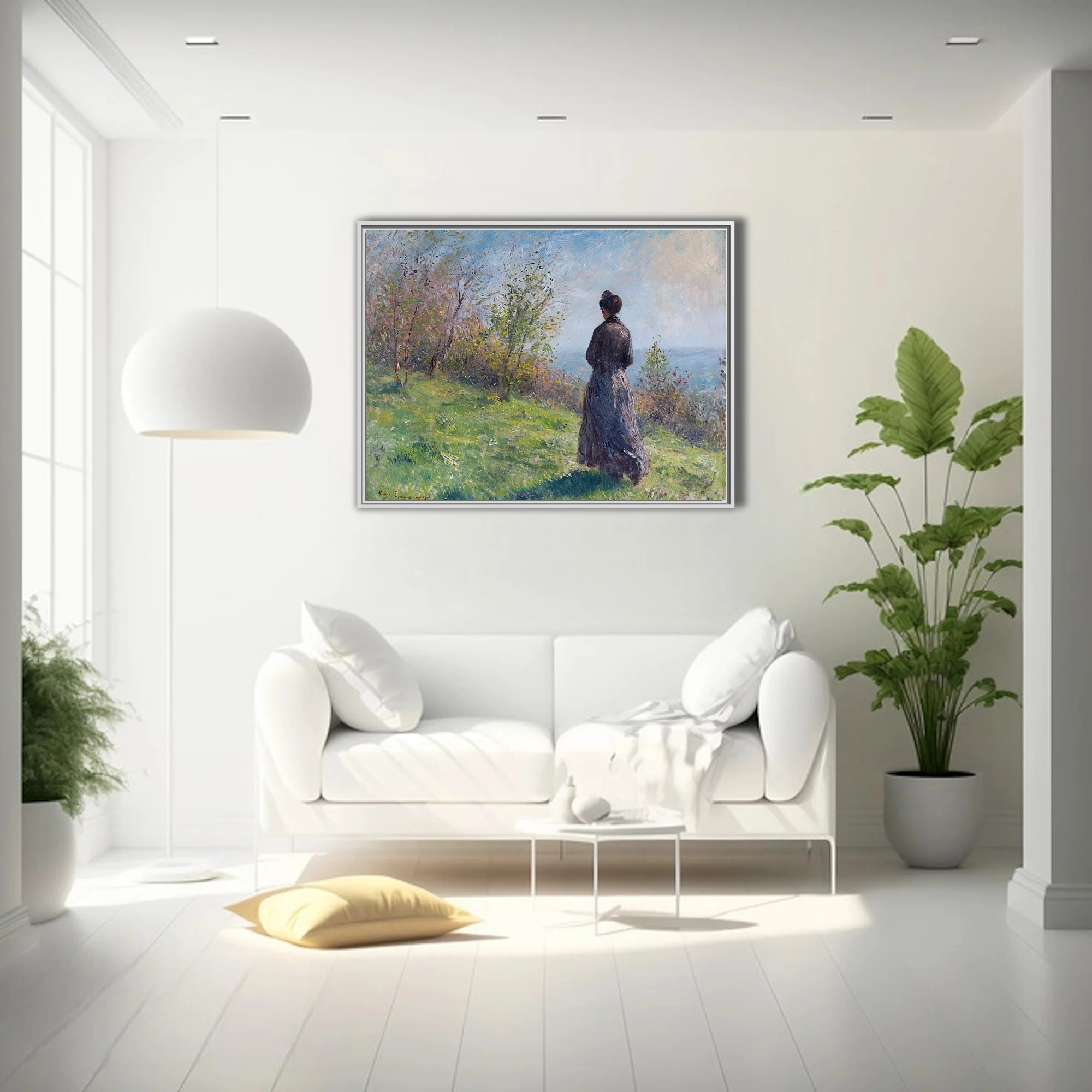 Soft painterly meadow scene with a woman in period dress, soft pastels and fresh greens, plein-air light